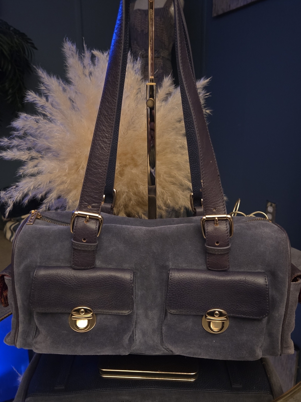 MAXX New York Navy Blue Suede Leather Shoulder Bag Gold Turn Lock Pocket Satchel